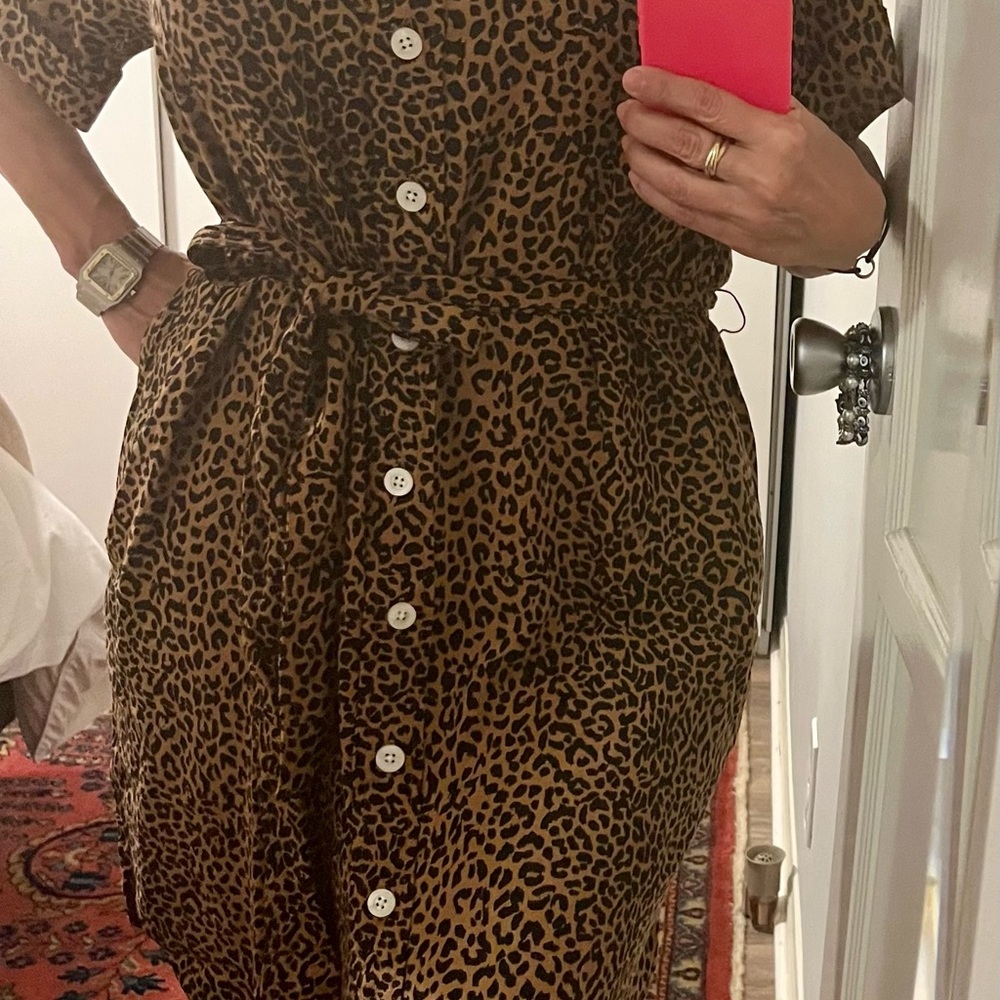 J. Crew Factory Brown and Black short Sleeve Midi linen belted Dress